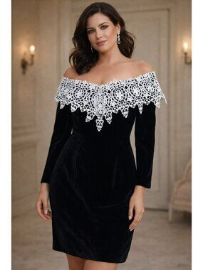 Vintage Scott McClintock Black Velvet Off-The-Shoulder Dress With White Lace Det